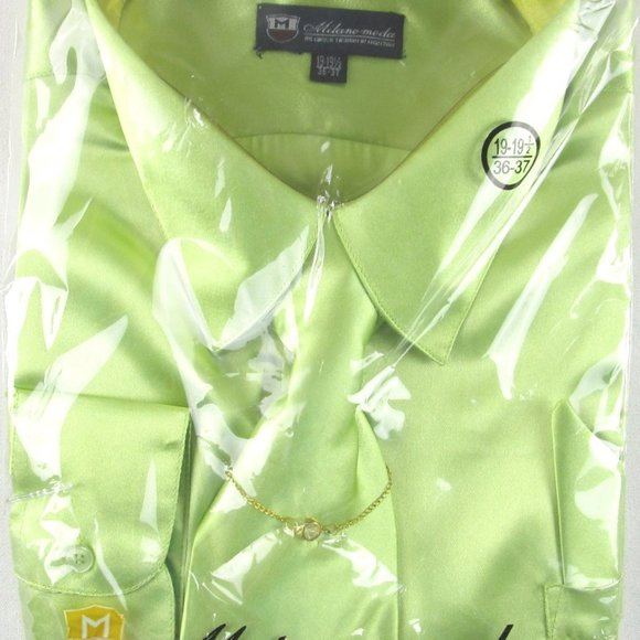 NWT Milano Moda Mens Shiny Chartreuse Satin 4 Pc Dress Shirt Set 19-19.5 (36/37) - Picture 1 of 2